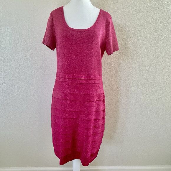 Carmen Marc Valvo Size Large Hot Pink Glitter Ruffle Skirt Dress Swift Tour